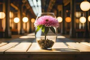 uma Rosa flor dentro uma vaso em uma mesa. gerado por IA foto