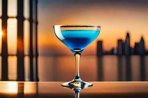 azul coquetel dentro uma martini vidro em uma mesa com paisagem urbana dentro a fundo. gerado por IA foto
