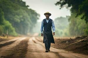 uma homem dentro uma chapéu e colete caminhando baixa uma sujeira estrada. gerado por IA foto