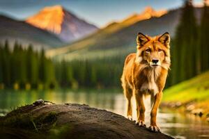 uma vermelho Lobo em pé em uma Rocha dentro frente do uma lago. gerado por IA foto