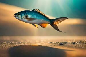 uma peixe é vôo sobre a areia. gerado por IA foto