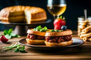 dois sanduíches em pratos com morangos e uma vidro do vinho. gerado por IA foto