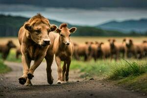 uma rebanho do Castanho vacas corrida baixa uma estrada. gerado por IA foto