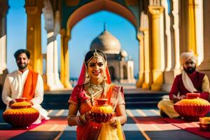 uma mulher dentro tradicional indiano vestuário é segurando uma Panela. gerado por IA foto