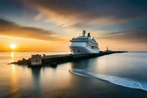 uma cruzeiro navio ancorado às a cais às pôr do sol. gerado por IA foto