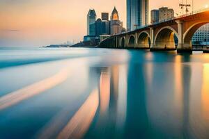 uma grandes exposição fotografia do uma ponte sobre a água. gerado por IA foto