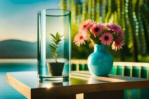 uma vaso com flores e uma plantar dentro isto. gerado por IA foto