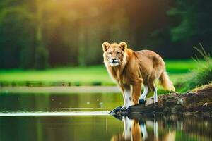 uma leão em pé em uma Rocha de uma lago. gerado por IA foto