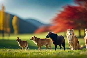 uma grupo do cachorros em pé dentro uma campo. gerado por IA foto