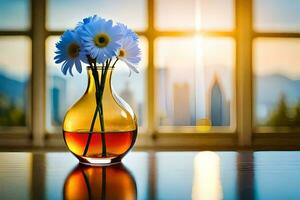 uma vaso com flores sentado em uma mesa dentro frente do uma janela. gerado por IA foto