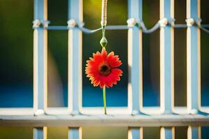 uma vermelho flor é suspensão a partir de uma cerca. gerado por IA foto