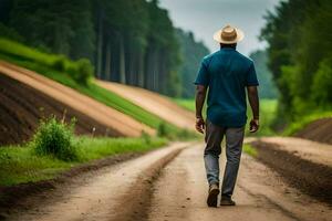 uma homem caminhando baixa uma sujeira estrada dentro a meio do uma campo. gerado por IA foto
