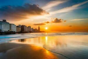 a Sol conjuntos sobre a de praia dentro a cidade do brasil. gerado por IA foto