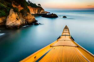 uma canoa é sentado em a costa do uma corpo do água. gerado por IA foto