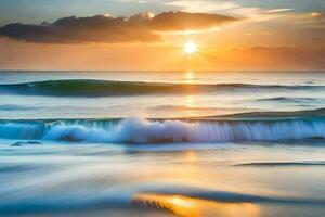 a Sol sobe sobre a oceano e ondas. gerado por IA foto