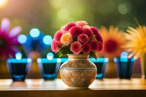 uma vaso com colorida flores em uma mesa. gerado por IA foto