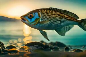 uma peixe é natação dentro a água às pôr do sol. gerado por IA foto