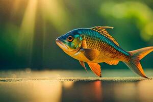 uma peixe é caminhando em a terra com luz solar brilhando. gerado por IA foto