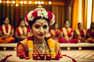 uma lindo noiva dentro tradicional indiano traje. gerado por IA foto