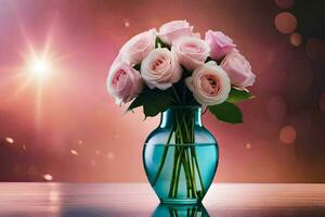 uma vaso com Rosa rosas em uma mesa. gerado por IA foto