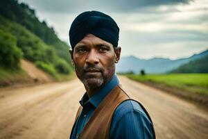 uma homem vestindo uma turbante carrinhos em uma sujeira estrada. gerado por IA foto