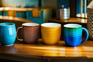 quatro colorida café canecas sentado em uma de madeira mesa. gerado por IA foto