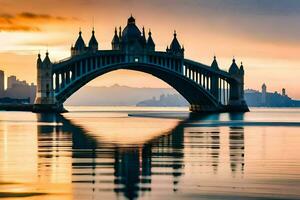 uma ponte abrangendo sobre água às pôr do sol. gerado por IA foto