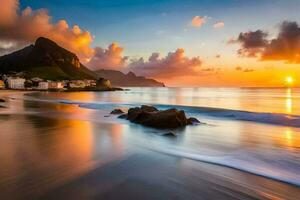 a Sol conjuntos sobre uma de praia e montanhas. gerado por IA foto