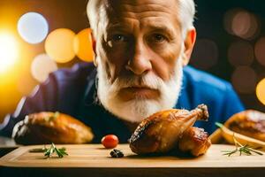 a velho homem com uma barba e uma faca é sentado dentro frente do alguns frango. gerado por IA foto