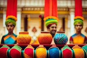 colorida panelas e vasos estão exibido em uma mesa. gerado por IA foto