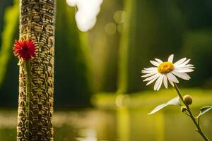 uma flor e uma pólo dentro uma lago. gerado por IA foto