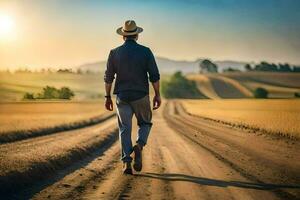 homem caminhando em uma sujeira estrada dentro a país. gerado por IA foto