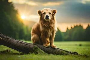 dourado retriever sentado em uma registro dentro a campo. gerado por IA foto