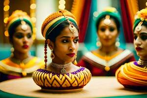 uma grupo do mulheres dentro tradicional indiano traje. gerado por IA foto