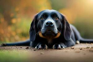 uma Preto e bronzeado cachorro deitado em a chão. gerado por IA foto