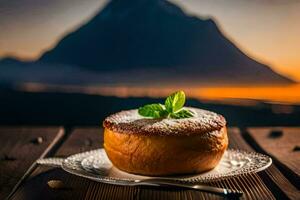 uma sobremesa em uma prato com uma montanha dentro a fundo. gerado por IA foto