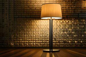uma luminária é em uma de madeira chão dentro frente do uma muro. gerado por IA foto