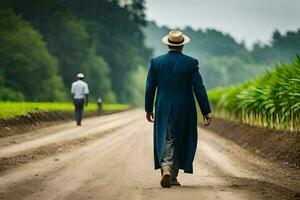 uma homem dentro uma azul casaco e chapéu caminhando baixa uma sujeira estrada. gerado por IA foto