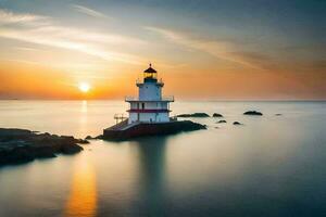 uma farol senta em a pedras às pôr do sol. gerado por IA foto