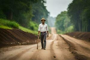 uma homem caminhando baixa uma sujeira estrada com uma grudar. gerado por IA foto