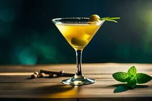 uma martini com azeitonas e hortelã em uma de madeira mesa. gerado por IA foto