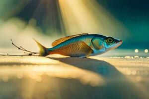 uma peixe em a de praia com luz solar brilhando através. gerado por IA foto