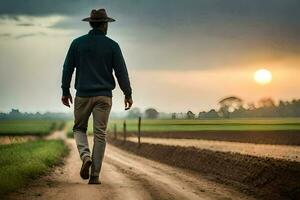 uma homem caminhando baixa uma sujeira estrada às pôr do sol. gerado por IA foto