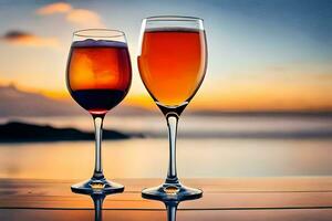 dois óculos do vinho em uma mesa com uma pôr do sol dentro a fundo. gerado por IA foto