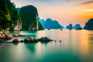 a pôr do sol sobre Halong baía, Vietnã. gerado por IA foto