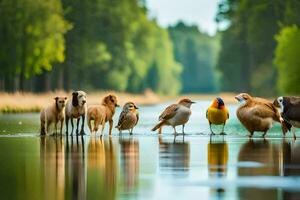 uma grupo do pássaros e uma cachorro em pé dentro a água. gerado por IA foto
