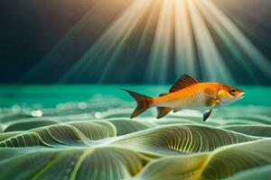 uma peixe natação dentro a oceano com luz solar brilhando através a água. gerado por IA foto