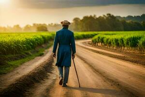 uma homem dentro uma azul terno caminhando baixa uma sujeira estrada. gerado por IA foto