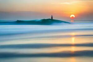 uma farol dentro a oceano às pôr do sol. gerado por IA foto