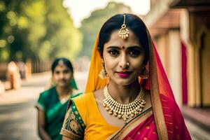 uma mulher dentro uma colorida sari e joia. gerado por IA foto